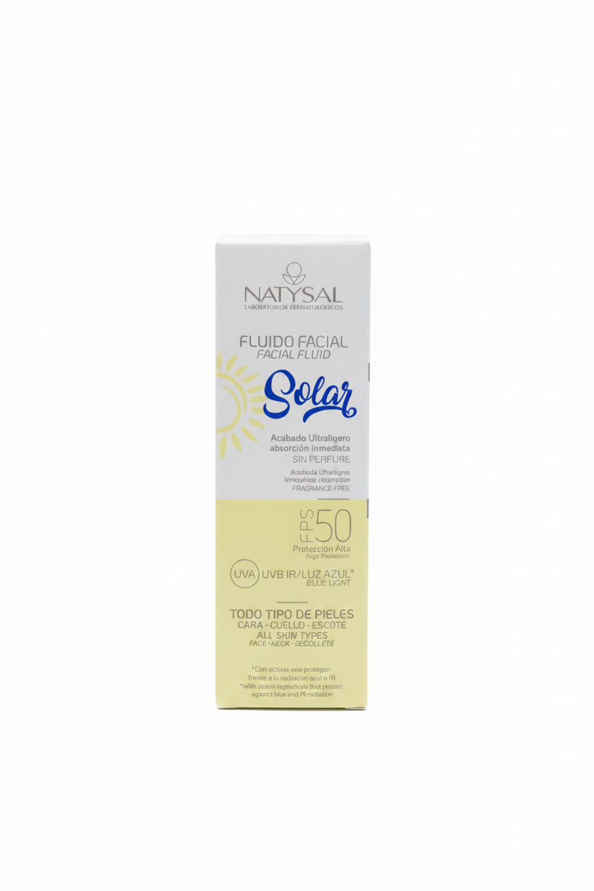 Fluido Facial Solar FPS 50 con fondo blanco